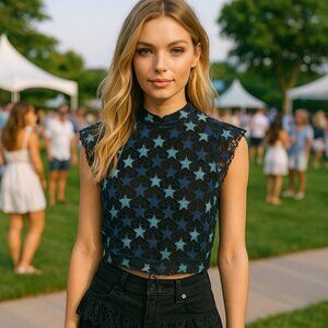 Willow & Clay Star Lace Open Back Top, Embroidered Celestial, Size Small